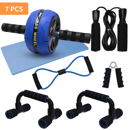Professional title: "7-In-1 Ab Roller Wheel Kit for Home Gym with Push-Up Bar, Knee Mat, Jump Rope, Hand Gripper - Blue"