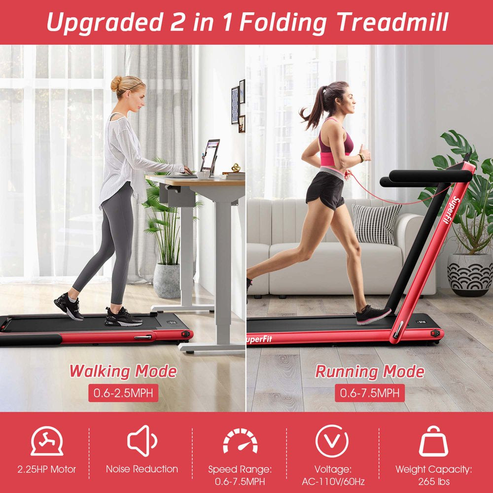 Superfit up to 7.5MPH 2.25HP 2 in 1 Dual Display Screen Folding Treadmill Jogging Machine W/APP Control Red