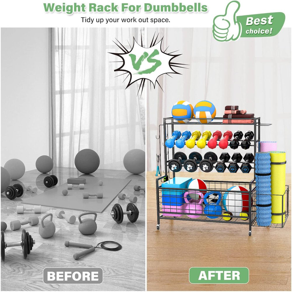 Dumbbell Rack, Weight Rack for Dumbbells, Home Gym Storage for Dumbbells Kettlebells Yoga Mat and Balls Workout Equipment Storage Organizer with Hooks and Wheels