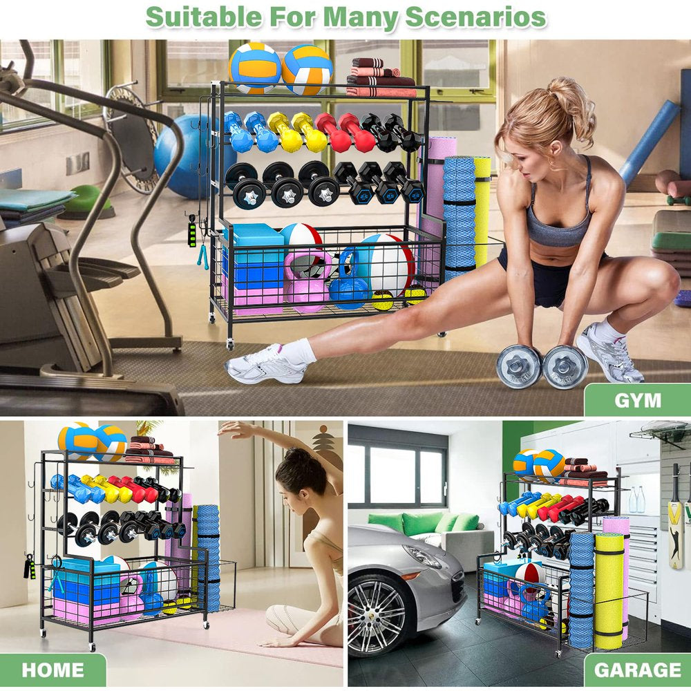 Dumbbell Rack, Weight Rack for Dumbbells, Home Gym Storage for Dumbbells Kettlebells Yoga Mat and Balls Workout Equipment Storage Organizer with Hooks and Wheels